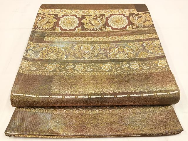 平和屋着物◎六通柄袋帯　向かい鳳凰花唐草文　金糸　正絹　逸品　AABM5283bw