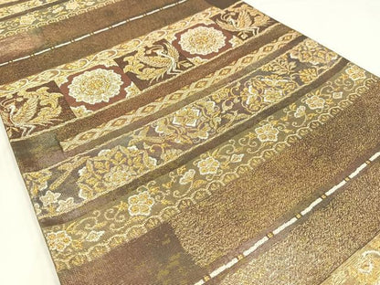 平和屋着物◎六通柄袋帯　向かい鳳凰花唐草文　金糸　正絹　逸品　AABM5283bw