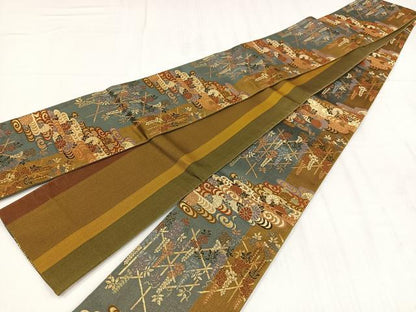 平和屋着物◎両面　半幅帯　唐織　流水草花文　金糸　正絹　逸品　AABM5301bw