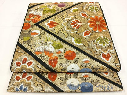 平和屋着物◎六通柄　本袋帯　唐織　更紗花文　黒地　金糸　正絹　逸品　AABM5304bw