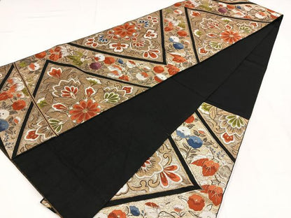 平和屋着物◎六通柄　本袋帯　唐織　更紗花文　黒地　金糸　正絹　逸品　AABM5304bw