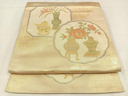 平和屋着物◎六通柄袋帯　飾花文　金糸　正絹　逸品　AABM5312bw