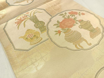 平和屋着物◎六通柄袋帯　飾花文　金糸　正絹　逸品　AABM5312bw