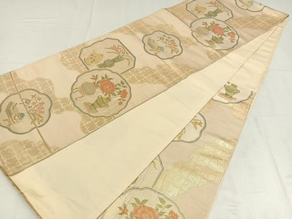 平和屋着物◎六通柄袋帯　飾花文　金糸　正絹　逸品　AABM5312bw