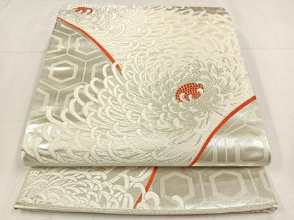 平和屋着物◎両面　全通柄袋帯　唐織　山楽菊文　銀糸　正絹　逸品　AABM5313bw