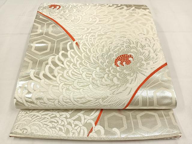 平和屋着物◎両面　全通柄袋帯　唐織　山楽菊文　銀糸　正絹　逸品　AABM5313bw