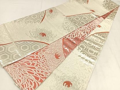 平和屋着物◎両面　全通柄袋帯　唐織　山楽菊文　銀糸　正絹　逸品　AABM5313bw