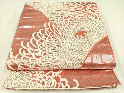 平和屋着物◎両面　全通柄袋帯　唐織　山楽菊文　銀糸　正絹　逸品　AABM5313bw