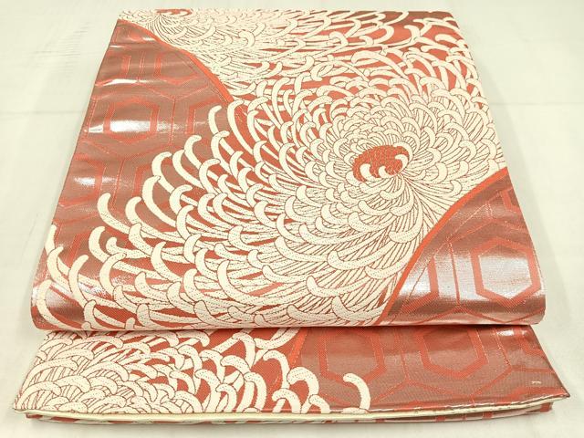 平和屋着物◎両面　全通柄袋帯　唐織　山楽菊文　銀糸　正絹　逸品　AABM5313bw