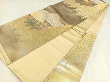 平和屋着物◎六通柄袋帯　重ね山樹林文　金銀糸　正絹　逸品　AABM5317bw