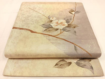 平和屋着物◎太鼓柄袋帯　枝花霞文　金糸　正絹　逸品　AABM5321bw