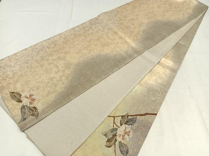 平和屋着物◎太鼓柄袋帯　枝花霞文　金糸　正絹　逸品　AABM5321bw
