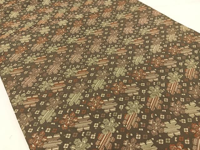 平和屋着物◎丸帯　花唐草文　璃寛茶　金糸　正絹　逸品　AABM5332bw