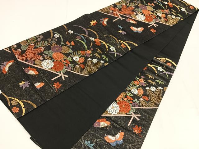 平和屋着物◎六通柄袋帯　唐織　流水花蝶文　黒地　金糸　正絹　逸品　AABM5356bw