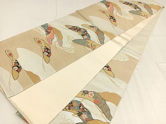平和屋着物◎六通柄袋帯　唐織　流水草花文　金銀糸　正絹　逸品　AABM5363bw