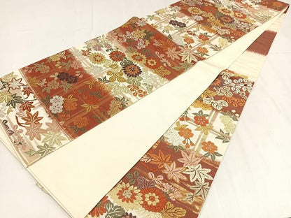 平和屋着物◎六通柄袋帯　能衣唐織　格子草花文　金糸　正絹　逸品　AABM5368bw