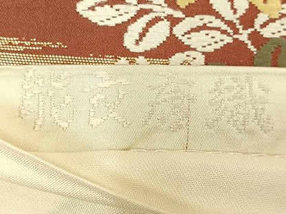 平和屋着物◎六通柄袋帯　能衣唐織　格子草花文　金糸　正絹　逸品　AABM5368bw