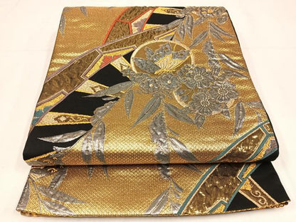 平和屋着物◎六通柄袋帯　唐織　花蝶文　黒地　金銀糸　正絹　逸品　AABM5369bw