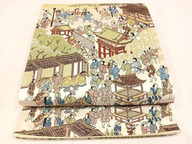 平和屋着物◎六通柄袋帯　唐織　人物風景文　金糸　正絹　逸品　AABM5386bw