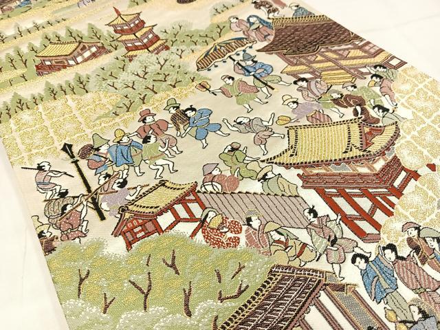 平和屋着物◎六通柄袋帯　唐織　人物風景文　金糸　正絹　逸品　AABM5386bw