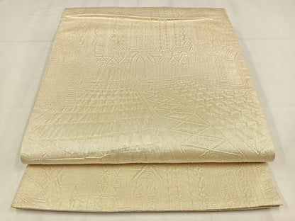 平和屋着物◎全通柄袋帯　纐纈　風景文　鳥の子色　正絹　逸品　AABM5388bw