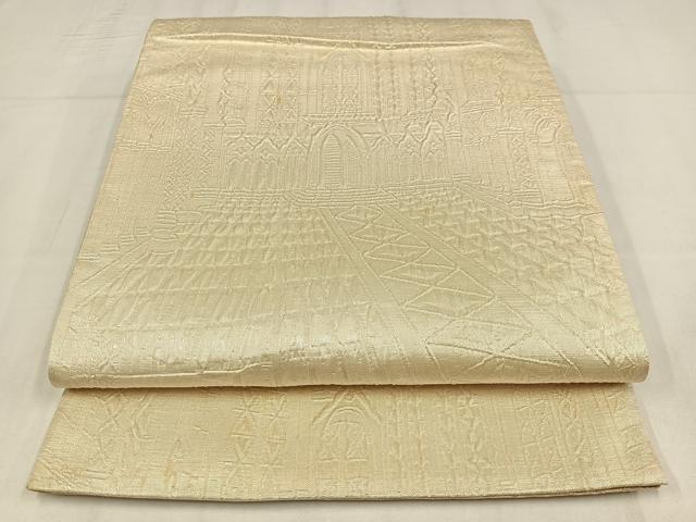 平和屋着物◎全通柄袋帯　纐纈　風景文　鳥の子色　正絹　逸品　AABM5388bw