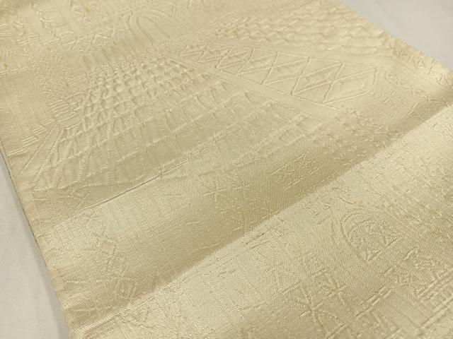平和屋着物◎全通柄袋帯　纐纈　風景文　鳥の子色　正絹　逸品　AABM5388bw