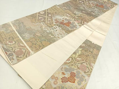 平和屋着物◎六通柄袋帯　扇花文　金銀糸　正絹　逸品　AABM5389bw