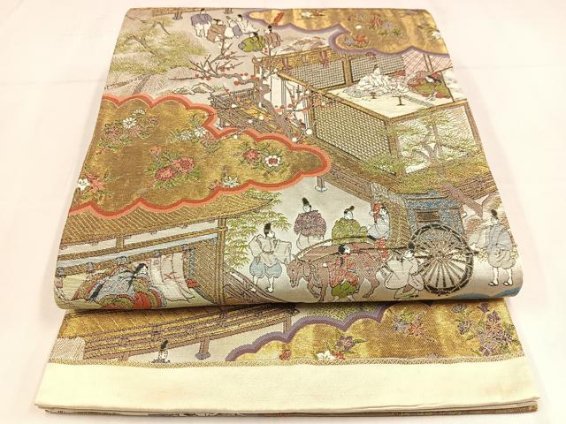 平和屋着物◎六通柄袋帯　唐織　人物風景文　金糸　正絹　逸品　AABM5393bw