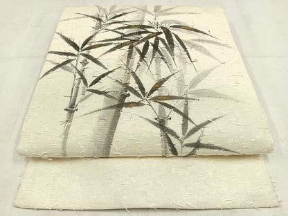 平和屋着物◎太鼓柄袋帯　髭紬地　作家物　手描き　笹竹　象牙色　金彩　正絹　逸品　AABM5408bw