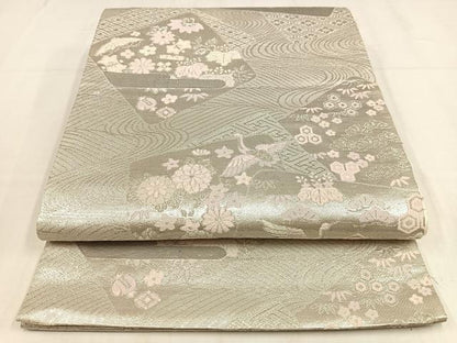 平和屋着物◎六通柄袋帯　流水色紙重ね文　銀糸　正絹　逸品　AABM5417bw