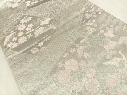平和屋着物◎六通柄袋帯　流水色紙重ね文　銀糸　正絹　逸品　AABM5417bw