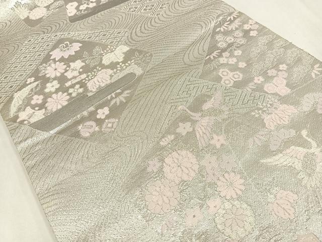 平和屋着物◎六通柄袋帯　流水色紙重ね文　銀糸　正絹　逸品　AABM5417bw