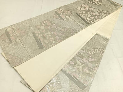 平和屋着物◎六通柄袋帯　流水色紙重ね文　銀糸　正絹　逸品　AABM5417bw