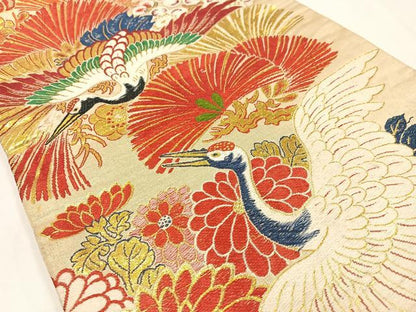 平和屋着物◎アンティーク　大正ロマン　丸帯　唐織　飛鶴文　金糸　正絹　逸品　AABM5420bw