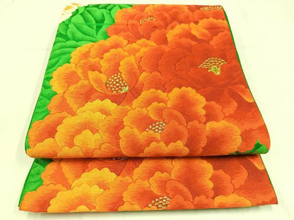 平和屋着物◎六通柄袋帯　唐織　草花文　金糸　正絹　逸品　AABM5424bw