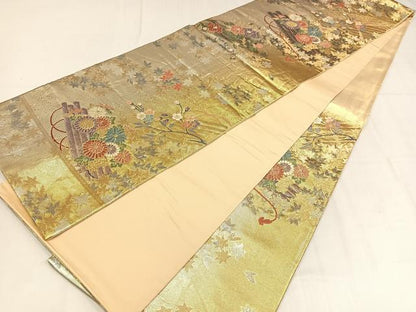 平和屋着物◎六通柄袋帯　草花文　金銀糸　正絹　逸品　AABM5425bw