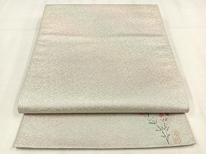 平和屋着物◎六通柄袋帯　作家物　霞文　ワンポイント　枝花　銀糸　正絹　逸品　AABM5426bw