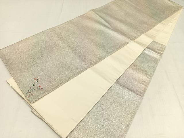 平和屋着物◎六通柄袋帯　作家物　霞文　ワンポイント　枝花　銀糸　正絹　逸品　AABM5426bw