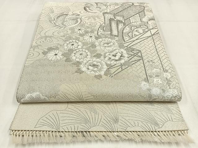 平和屋着物◎太鼓柄袋帯　御所車鴛鴦花文　銀糸　銀彩　正絹　逸品　AABM5432bw