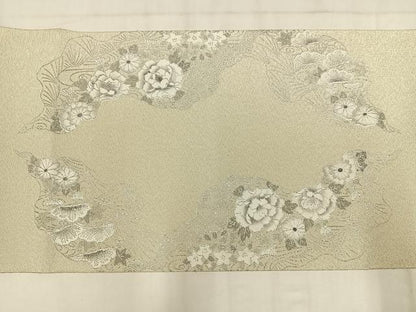 平和屋着物◎太鼓柄袋帯　御所車鴛鴦花文　銀糸　銀彩　正絹　逸品　AABM5432bw