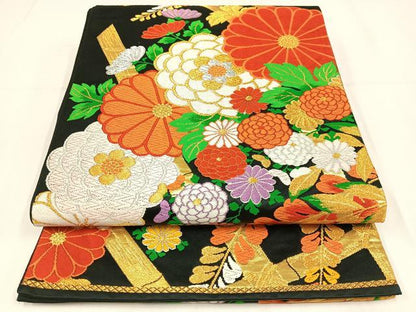 平和屋着物◎六通柄袋帯　唐織　草花文　黒地　金銀糸　正絹　逸品　AABM5435bw