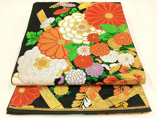 平和屋着物◎六通柄袋帯　唐織　草花文　黒地　金銀糸　正絹　逸品　AABM5435bw