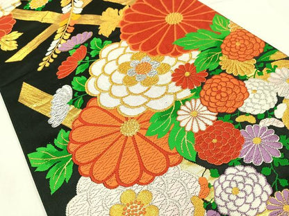 平和屋着物◎六通柄袋帯　唐織　草花文　黒地　金銀糸　正絹　逸品　AABM5435bw