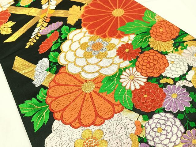 平和屋着物◎六通柄袋帯　唐織　草花文　黒地　金銀糸　正絹　逸品　AABM5435bw