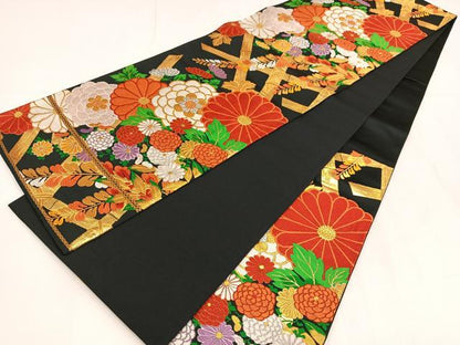 平和屋着物◎六通柄袋帯　唐織　草花文　黒地　金銀糸　正絹　逸品　AABM5435bw