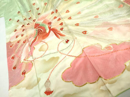平和屋着物●豪華振袖　駒刺繍　孔雀　暈し染め　金銀糸　正絹　逸品　AABM5443cs