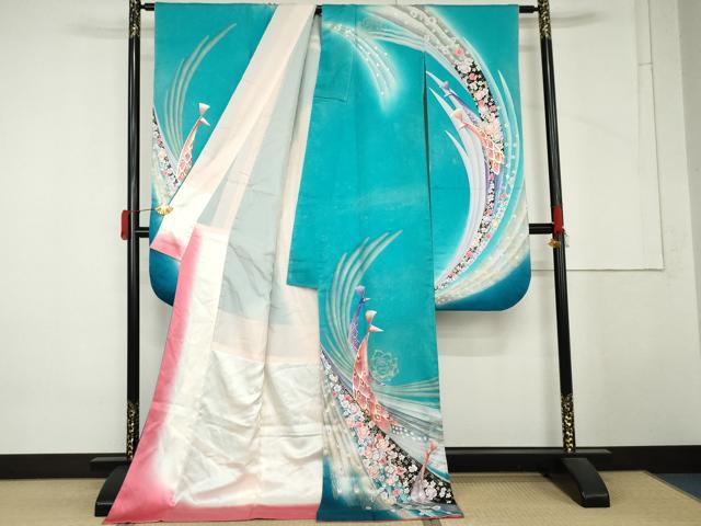 平和屋着物●豪華振袖　孔雀花文　暈し染め　金銀彩　正絹　逸品　AABM5446cs