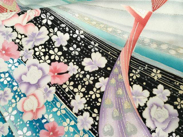 平和屋着物●豪華振袖　孔雀花文　暈し染め　金銀彩　正絹　逸品　AABM5446cs