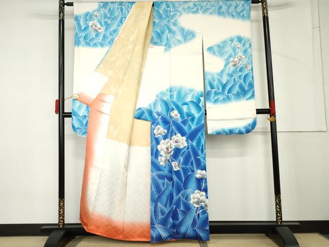 平和屋着物●豪華振袖　駒刺繍　枝花文　暈し染め　銀彩　正絹　逸品　AABM5449cs